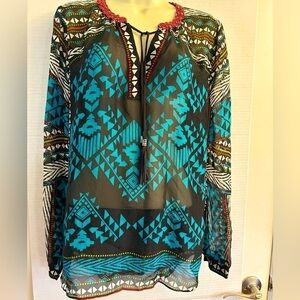 Hale Bob 100% silk sheer long sleeve tunic blouse top in multi colors Sz-M. P10